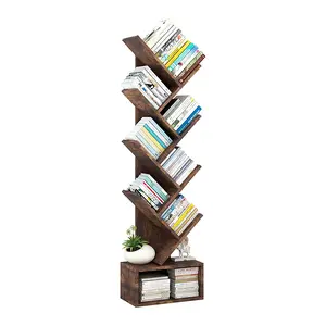Tree Bookshelf with Storage, 8 Tier Wooden Tall Book Shelf, Floor Standing Bookcase for Kids and Adults, Utility Organizer Shelves for Living Room, Bedroom, Home Office