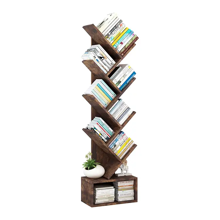 Tree Bookshelf with Storage, 8 Tier Wooden Tall Book Shelf, Floor Standing Bookcase for Kids and Adults, Utility Organizer Shelves for Living Room, Bedroom, Home Office