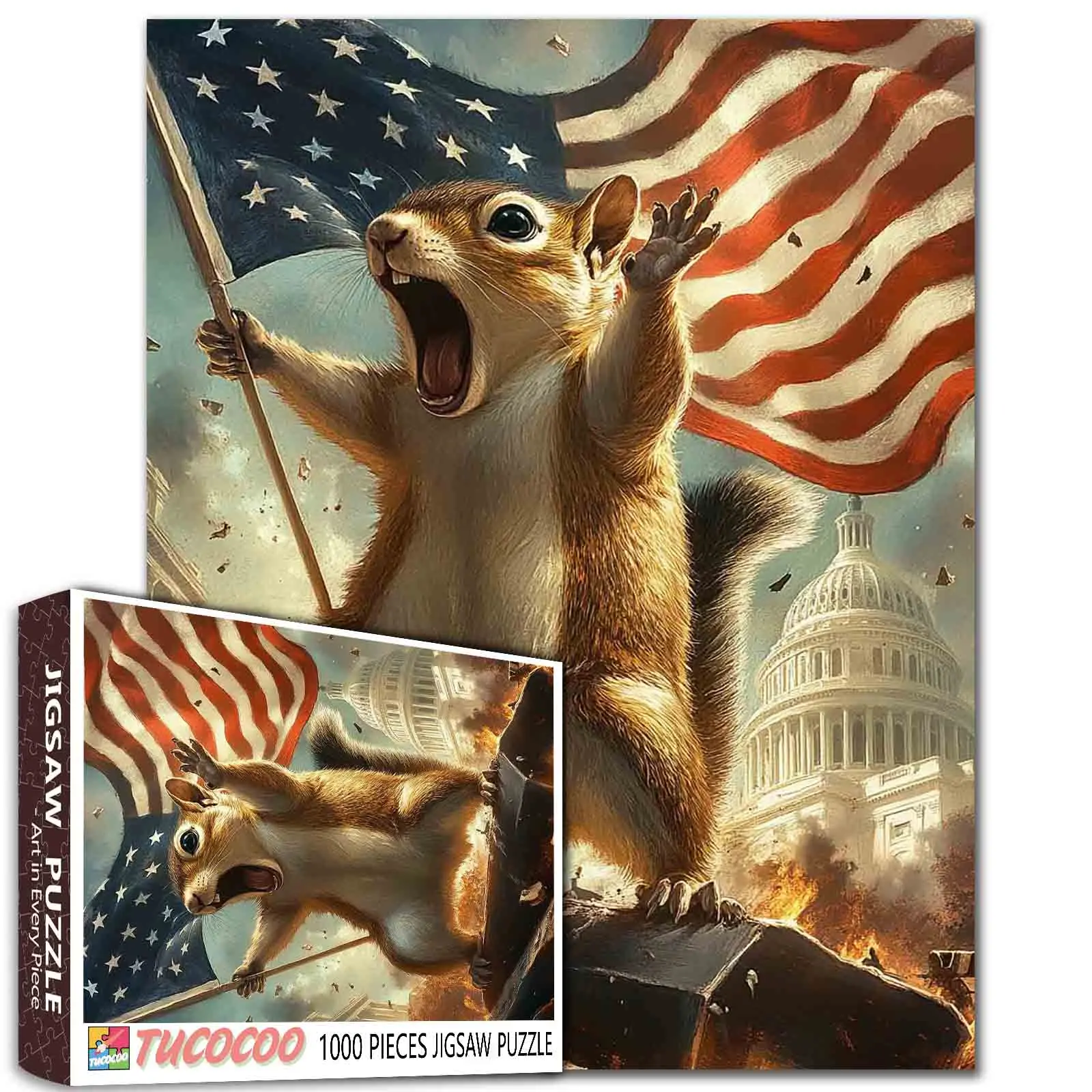 Tucocoo Funny Screaming Squirrel Independence Art 1000 Pieces Jigsaw Puzzle, Playful Patriotic Animal Design, Relaxing Family Game for Stress Relief, Brain Training Challenge, Decorative Wall Art, Creative Gift for Adults and Seniors 27.5x20inch(70x50cm)