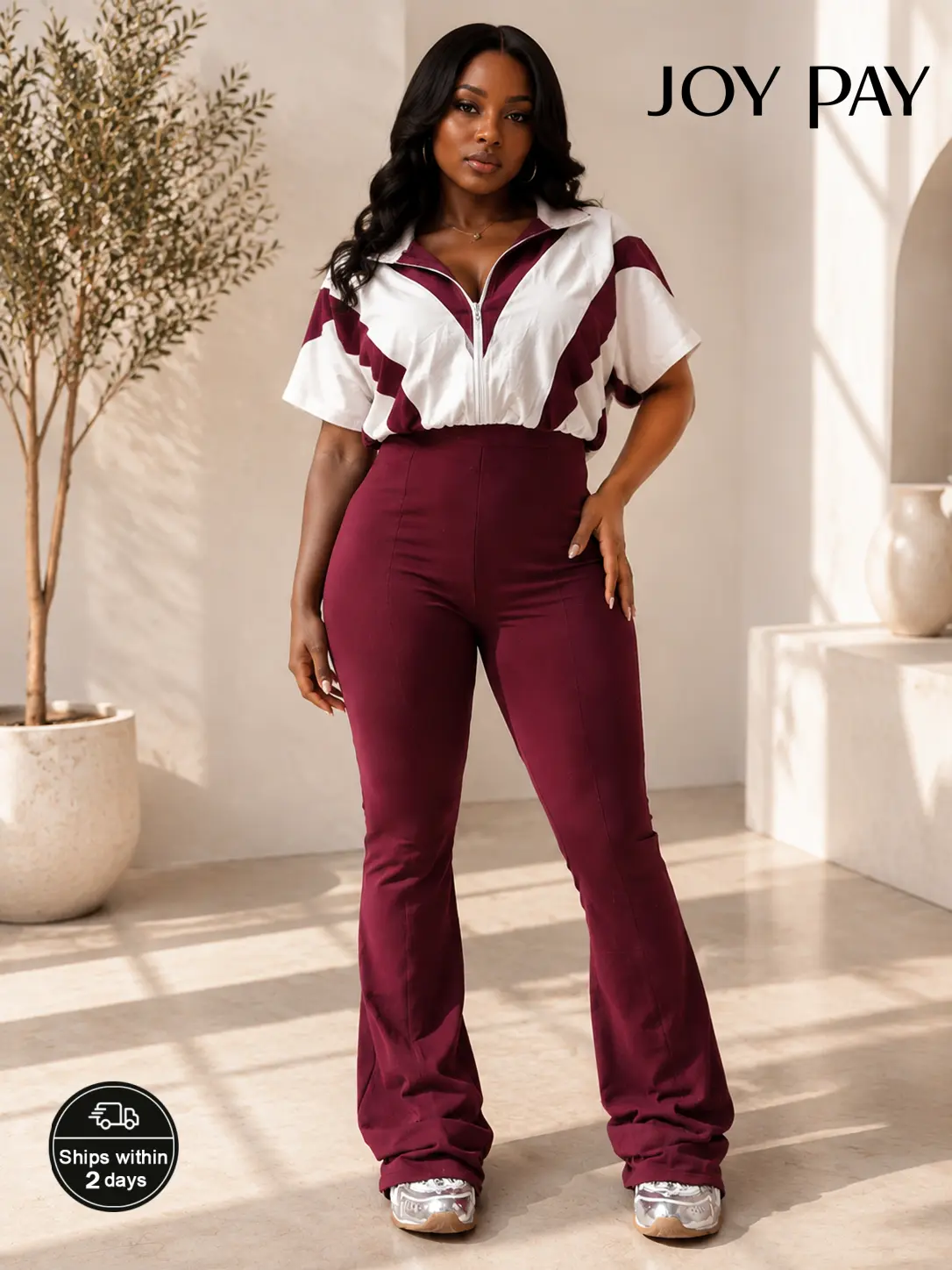 JOYPAY Women's 2-Piece Colorblock Sporty Tracksuit Outfit - Zip-Up Crop Top, High-Waist Flare Spandex Pants, Retro Vibe Set for Workout & Daily Wear