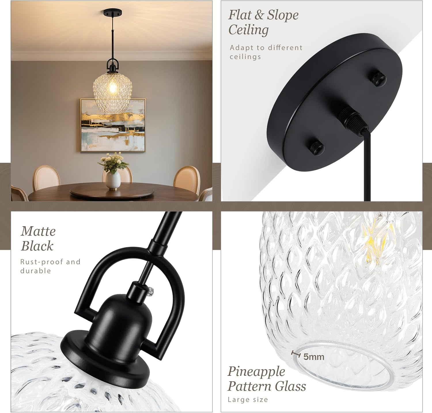 Large Glass Pendant Lights Kitchen Island, 10" 1-Light Black Fixtures with Hammered Glass Modern Hanging Light for Kitchen Island Dining Room Entryway Foyer