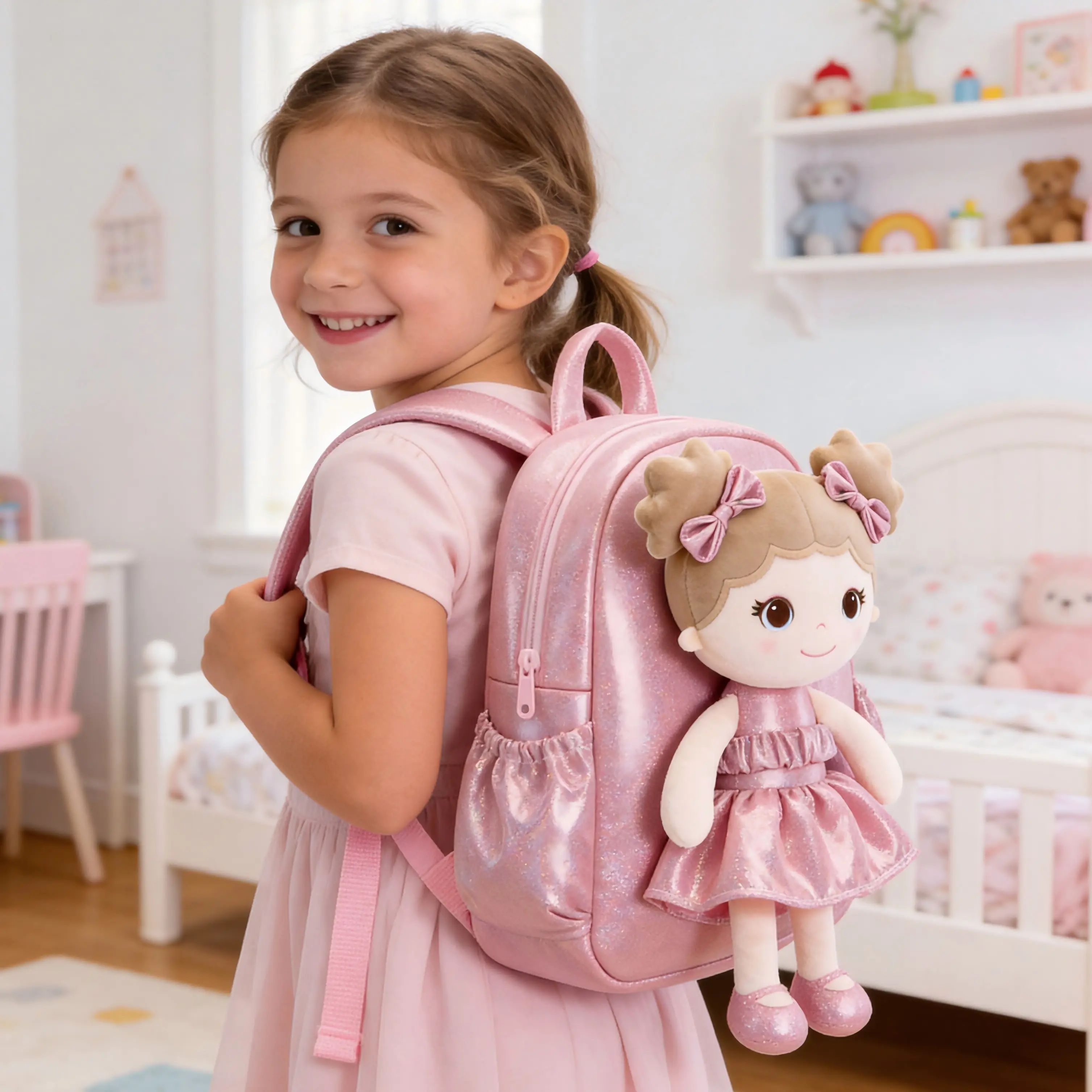 Toddler Princess Backpack with Detachable Plush Doll - Machine-Washable Shiny Fabric, Soft Cuddly Gift, Sleeping Soother, School Companion, Birthday Party, Special Celebration, Soft Huggable, Valentine’s Day, Holiday, Kids Backpack, Girls, Polyester, Synt