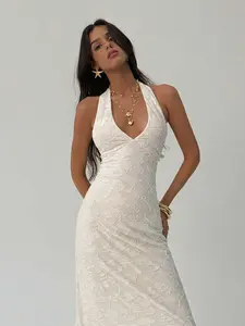 JADEE White Flocked Elegant Backless Dress for Valentines Day and Wedding
