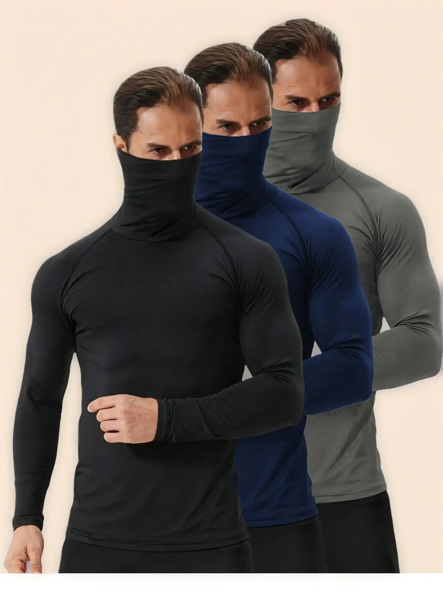 Men's 3-Piece Sun-Protective Stretchable Activewear Set, Including Face Mask, Lightweight High-Elastic Compression for Running, Fitness Workouts