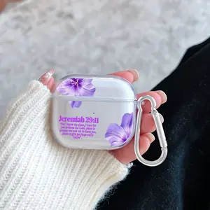 Lilac Hope Verse Pattern Protective Case for AirPods 4/3/2/1/Pro/Pro2 Soft TPU Earphone Cover, Transparent with Keychain