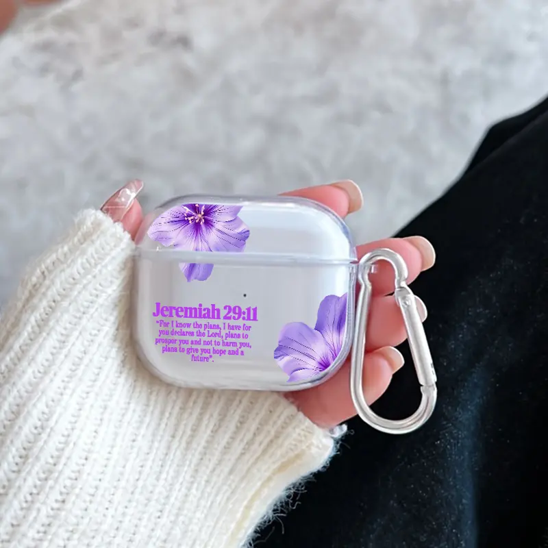 Lilac Hope Verse Pattern Protective Case for AirPods 4/3/2/1/Pro/Pro2 Soft TPU Earphone Cover, Transparent with Keychain