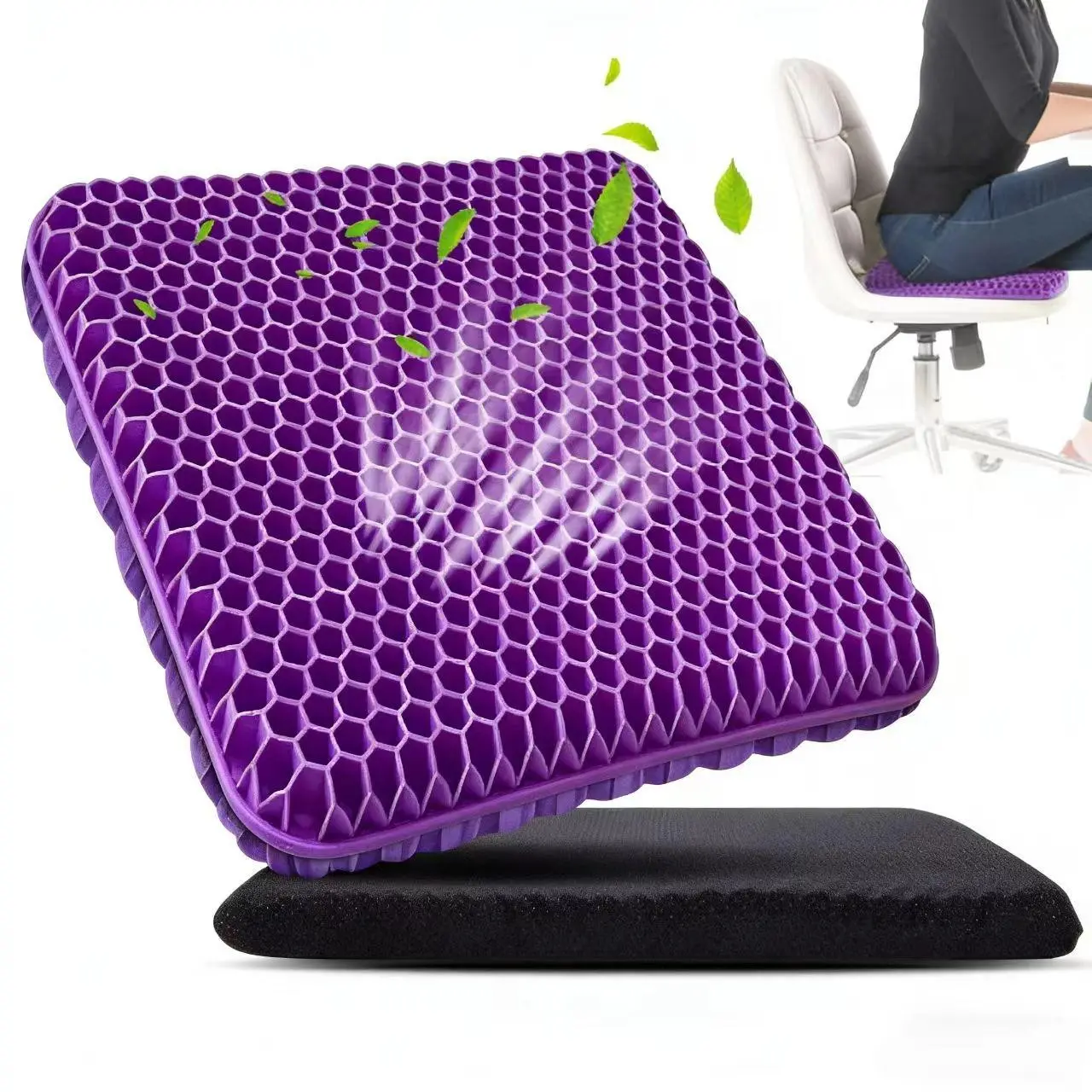 Double Layer Thick Gel Cushion Pressure Relief Extra Support Honeycomb Breathable Anti-Slip Cover 15.75x13.39x1, Office Chair Wheelchair Elastic Furniture Protector