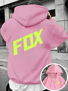 Men's Fall Winter Fox Letter Printed Hoodie, Loose Fit Fleece Pullover Sweatshirt, Casual American Motorcycle Style Jacket, Graphic Sweatshirts