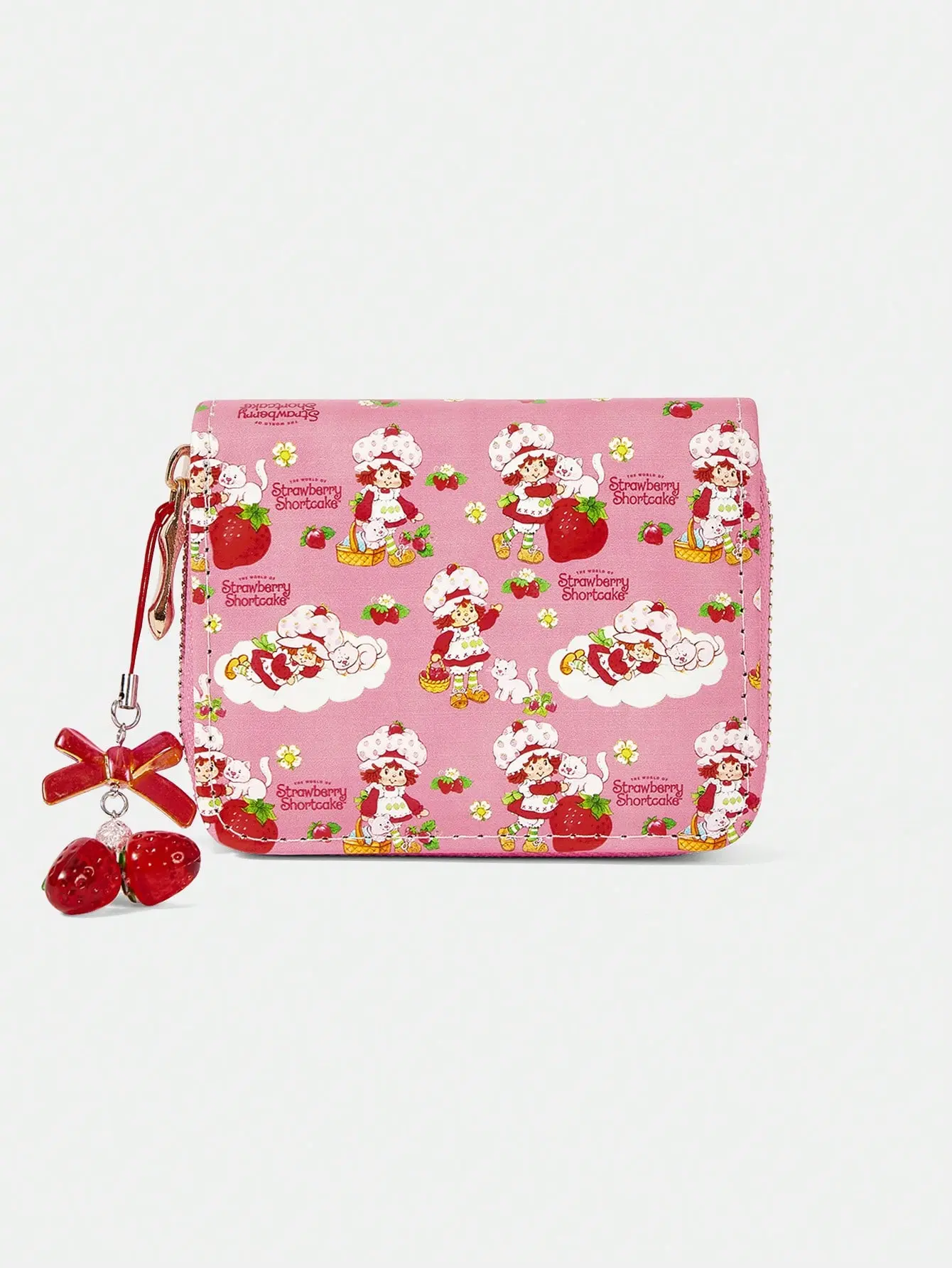 Strawberry Shortcake 1-Piece Red Background Polka Dot Strawberry Short Wallet Simple Zipper Women's Change Bag, Wallets, Girly Cute Women's Wallets