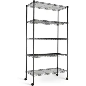 5-Tier Heavy-Duty Adjustable Metal Wire Shelving Unit with Locking Wheels, Sturdy Black Steel Construction for Versatile Storage, Ideal for Garages, Kitchens, Storage Rooms, Laundry Rooms & Offices