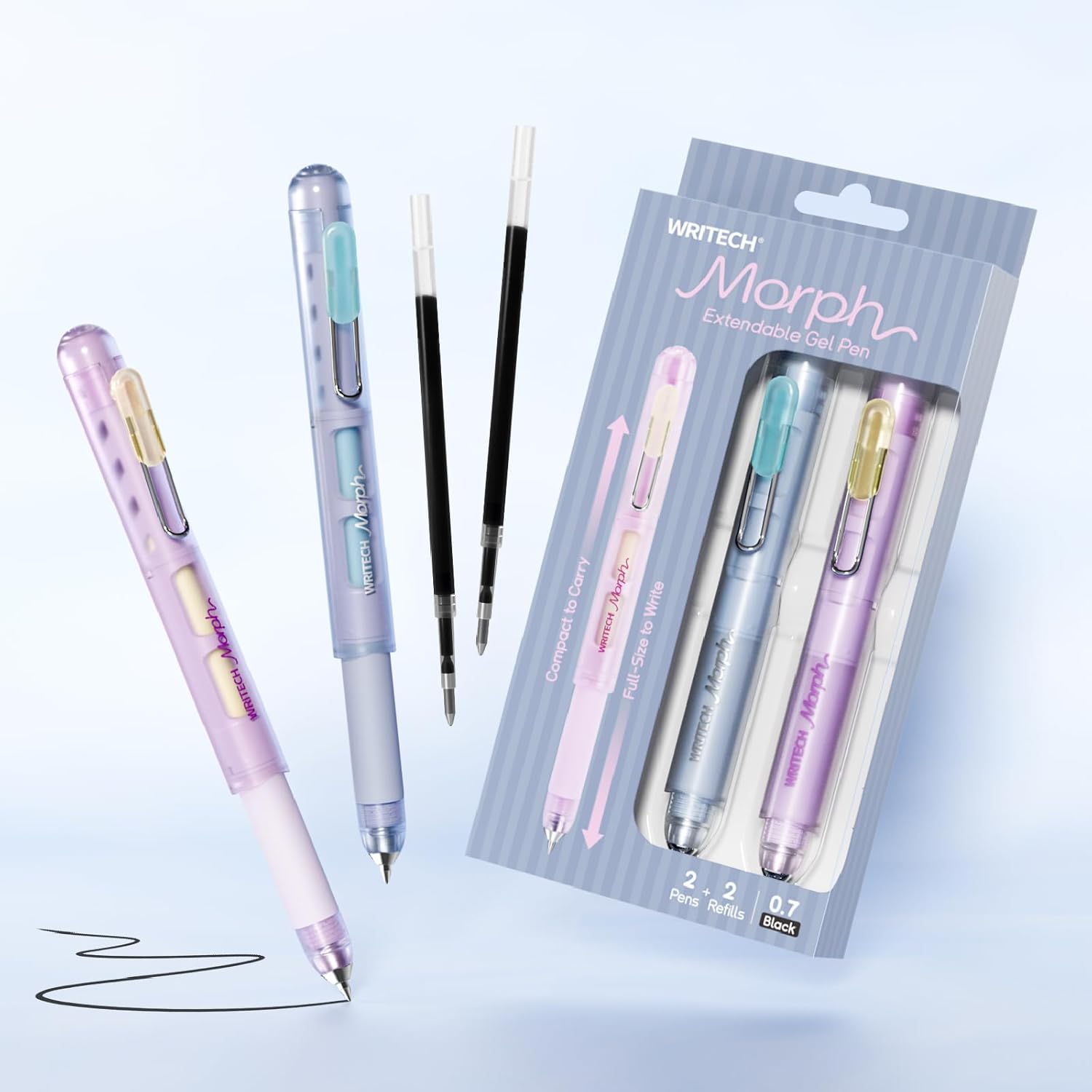 WRITECH Morph Extendable Gel Pen: 0.7mm Medium Point Black Ink Pocket-to-Full-Size Design Translucent Soft Grip Barrel Includes 2 Pens and 2 Refills Dual-Length Pocket Pen 4.6" to 6.1"