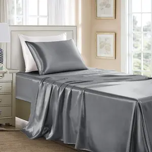 Satin Twin XL Size - 3 Silky, Wrinkle-Free Dark Grey Satin Silk Sheet with 1 Deep Pocket Sheet, 1 Flat Sheet, 1 Pillow case