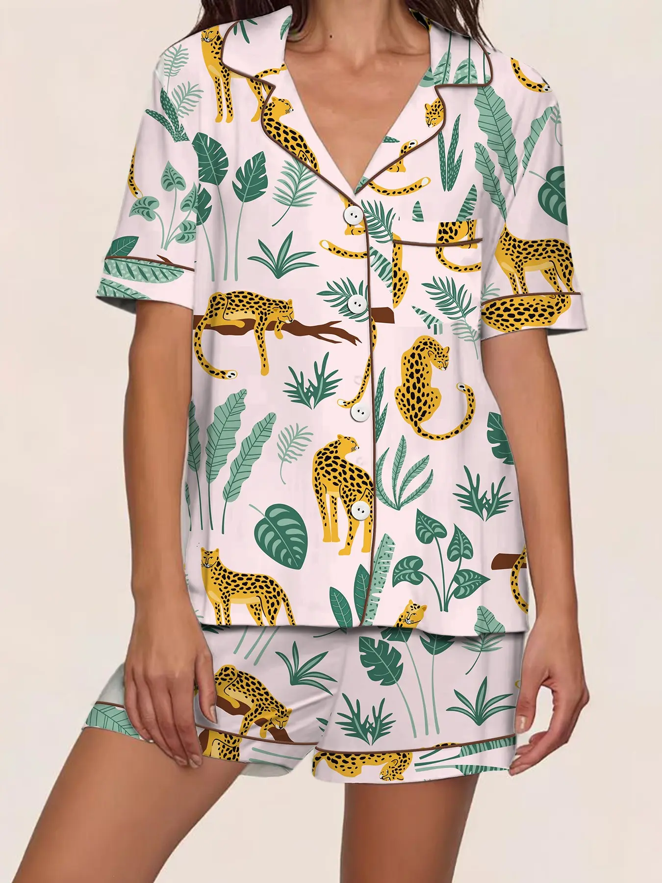 Women's Spring Summer Sleepwear Pajama Set, Open Front Lapel Short Sleeve Shorts Two-Piece Loungewear Home Wear, Cheetah, Leopard & Plant Print, Casual Fitted