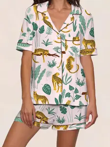 Women's Spring Summer Sleepwear Pajama Set, Open Front Lapel Short Sleeve Shorts Two-Piece Loungewear Home Wear, Cheetah, Leopard & Plant Print, Casual Fitted