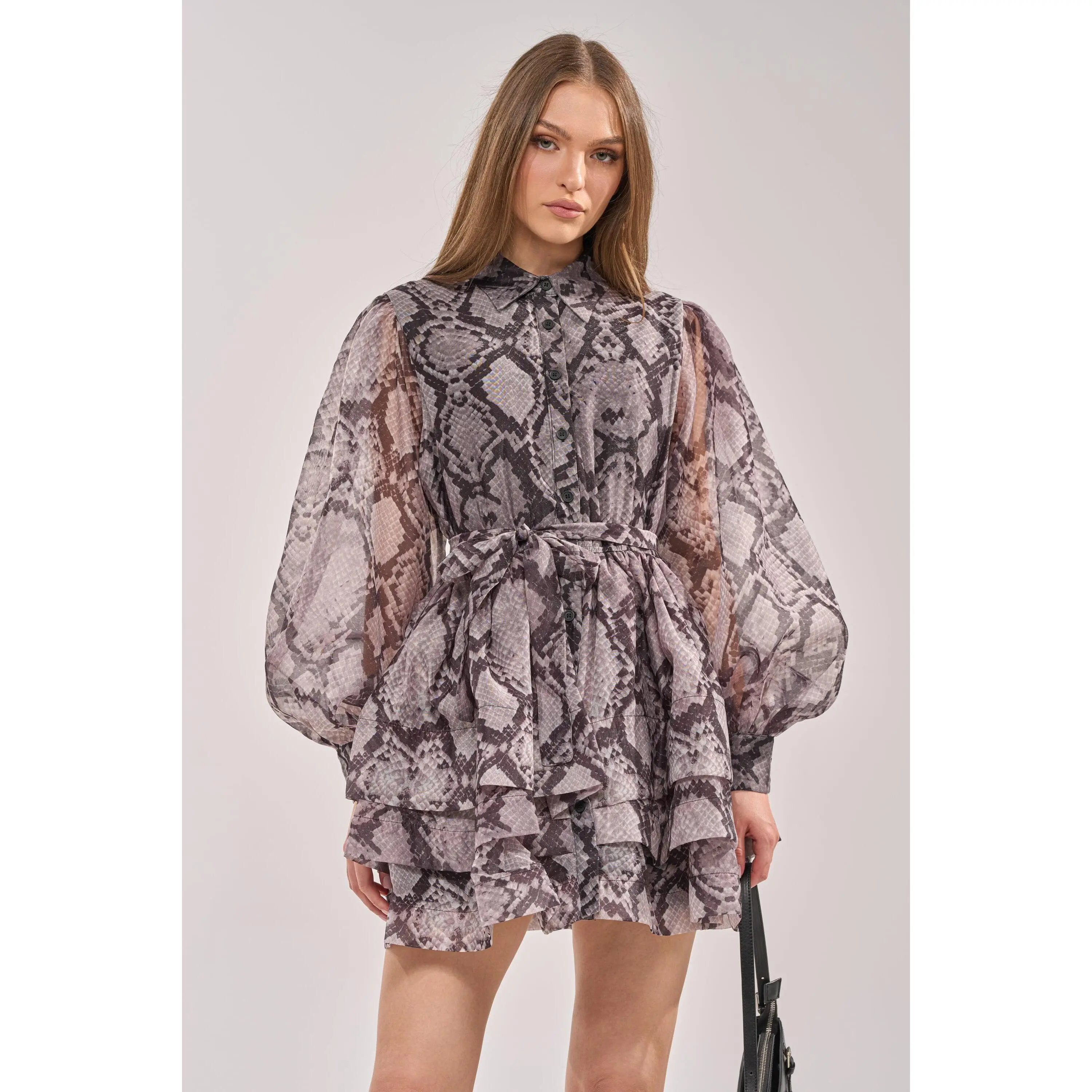 IT GIRL CHIFFON RUFFLE MINI DRESS IN SNAKE