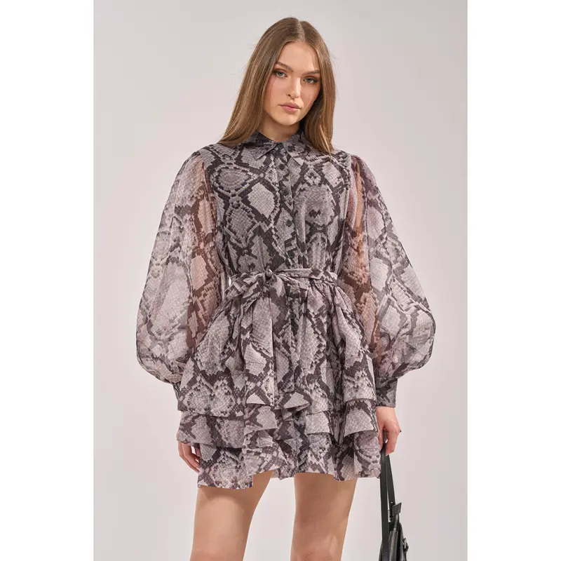 IT GIRL CHIFFON RUFFLE MINI DRESS IN SNAKE