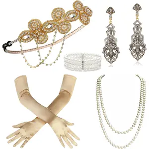 BABEYOND 1920S Flapper Accessories Gatsby Costume Accessories Set 20S Flapper Headband Pearl Necklace Gloves Plastic Holder BABEYOND