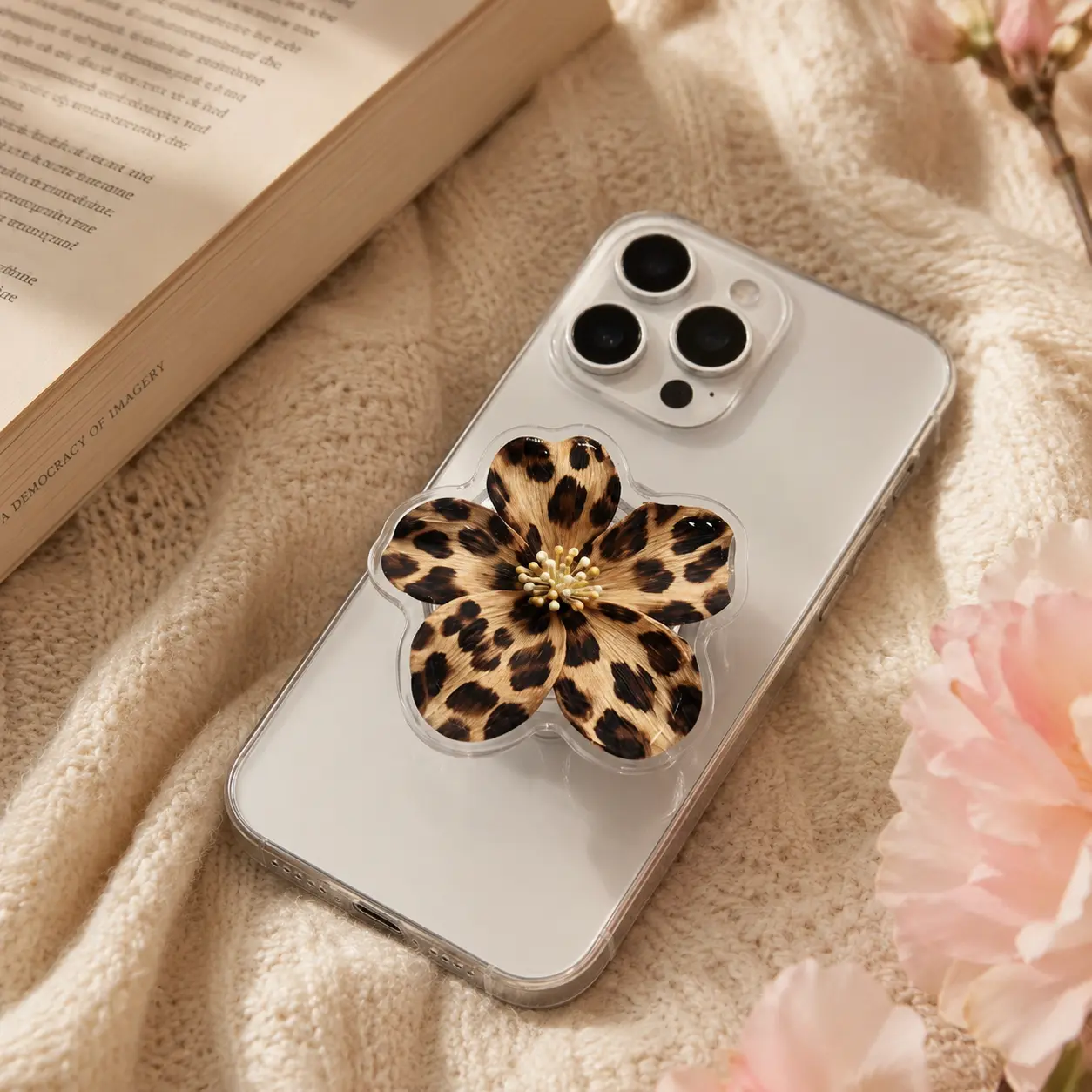 Elegant Leopard Print Flower MagSafe Phone Grip – Chic Floral Magnetic Phone Holder & Kickstand – Aesthetic Animal Print Phone Accessory