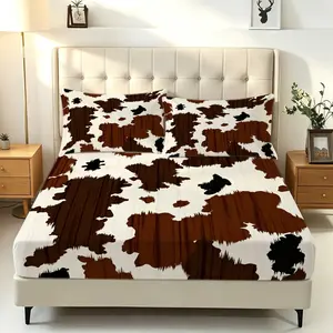 3Pcs Multicolored Retro Cow Print Fitted Sheet Set; Pillowcases Do Not Include Pillow Inserts; Deep‑Pocketed Fitted Sheets Stay Securely in Place; Soft Fabric Suitable for All Seasons; Create a Personalized Sleeping Environment