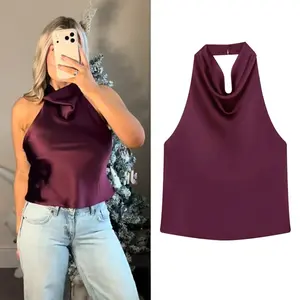 Satin Halter Tops Off Shoulder Tank Top Women Sexy Backless Black Pink Crop Top Woman Camisole Vacation White Party Top