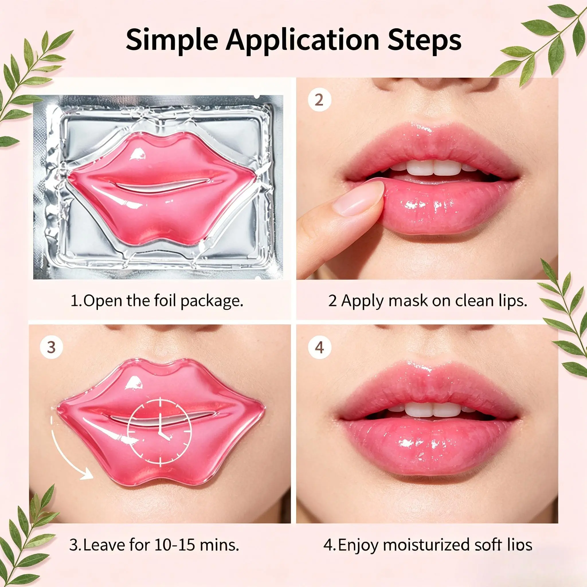 Lip mask sheets, 50 pieces, made of collagen crystal pink care gel, moisturize, reduce wrinkles, fight aging, firm and hydrate lips, remove dead skin and fine lines, and leave dry lips sexy and alluring with nourishing essence.