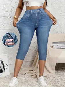 Women's Denim-Effect Print Skinny Capri Leggings, Casual Comfy Capri Leggings for Daily Wear, Ladies Bottoms for Summer, Pants