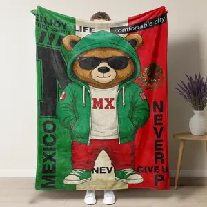 Mexico Flag Cool Bear "Never Give Up" Theme Blanket,Mexican Heritage Gift,Soft and Warm Machine Washable Blanket Decorative Item For Bed