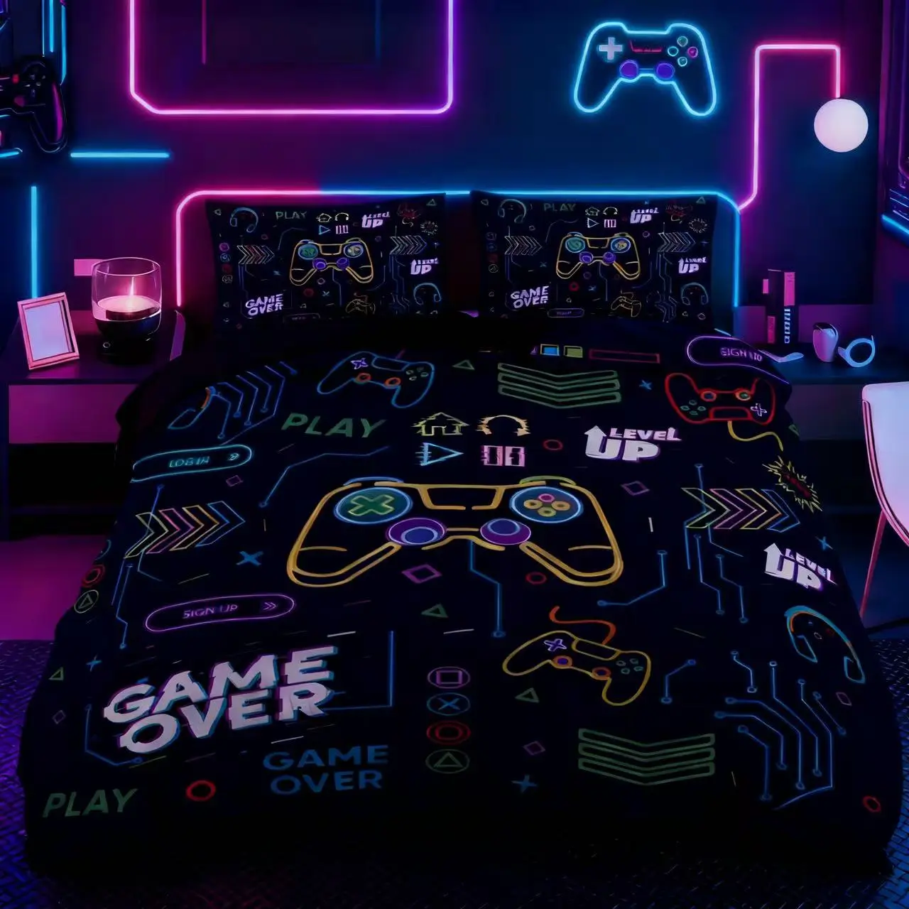 Game controller theme 3-piece set (1 quilt cover + 2 pillowcases, coreless) Cool colorful game controller design printed bedding set, Bed Sets Supplies, suitable for room decor and kids' gifts