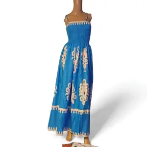 Women’s Blue Floral Maxi Dress Smocked Strap Summer Dress Flowy Beach Vacation Outfit with Elegant Patterns