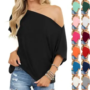 Women's off shoulder top, short sleeved T-shirt, loose top, oversized waistband top, summer sports and casual top Batwing Womenswear Blouse Boat gym shirts