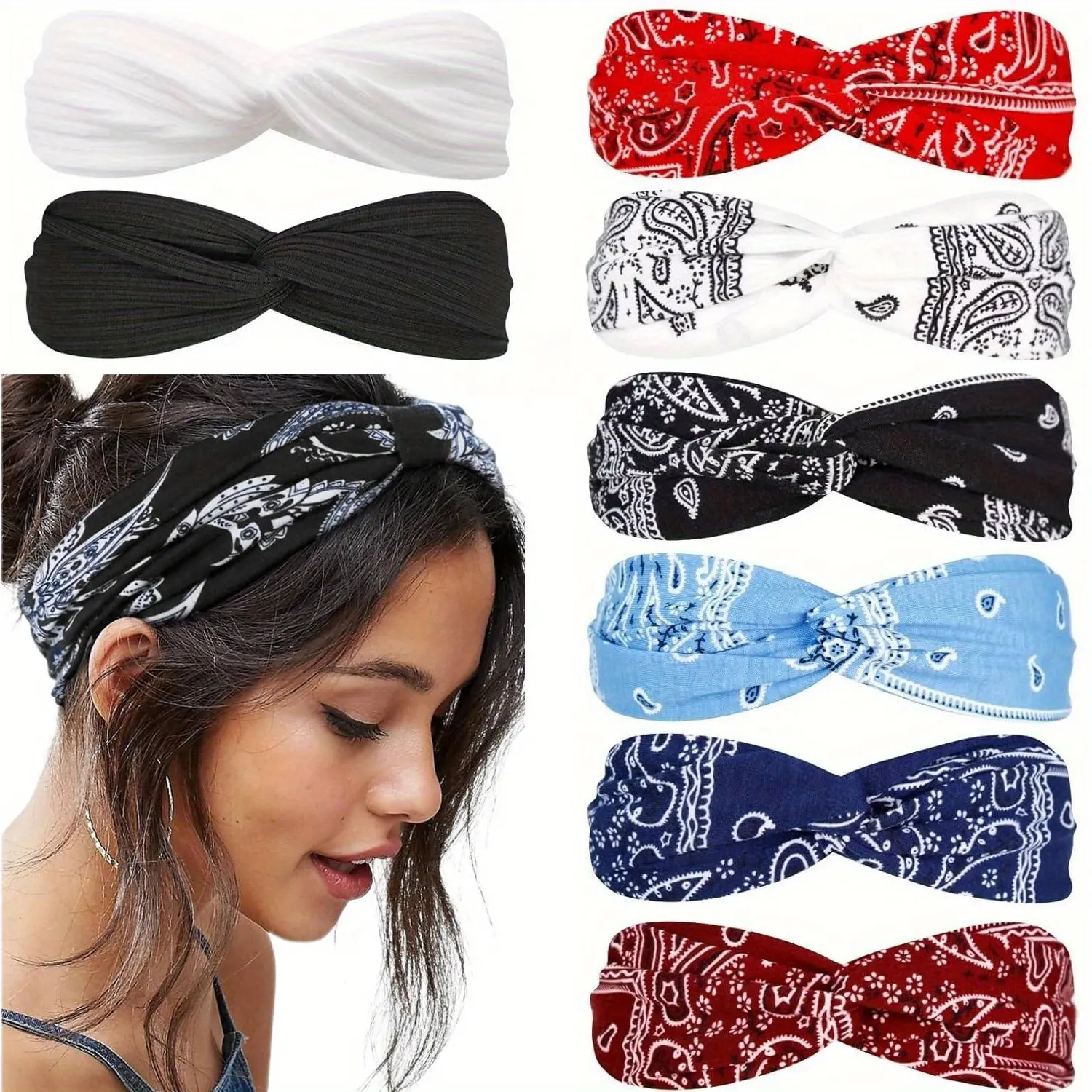 8 Pack Boho Headbands for Women, Wide Paisley Print Knotted Turban Headwraps, Elastic Hair Accessories, Bandana Headband Headbands