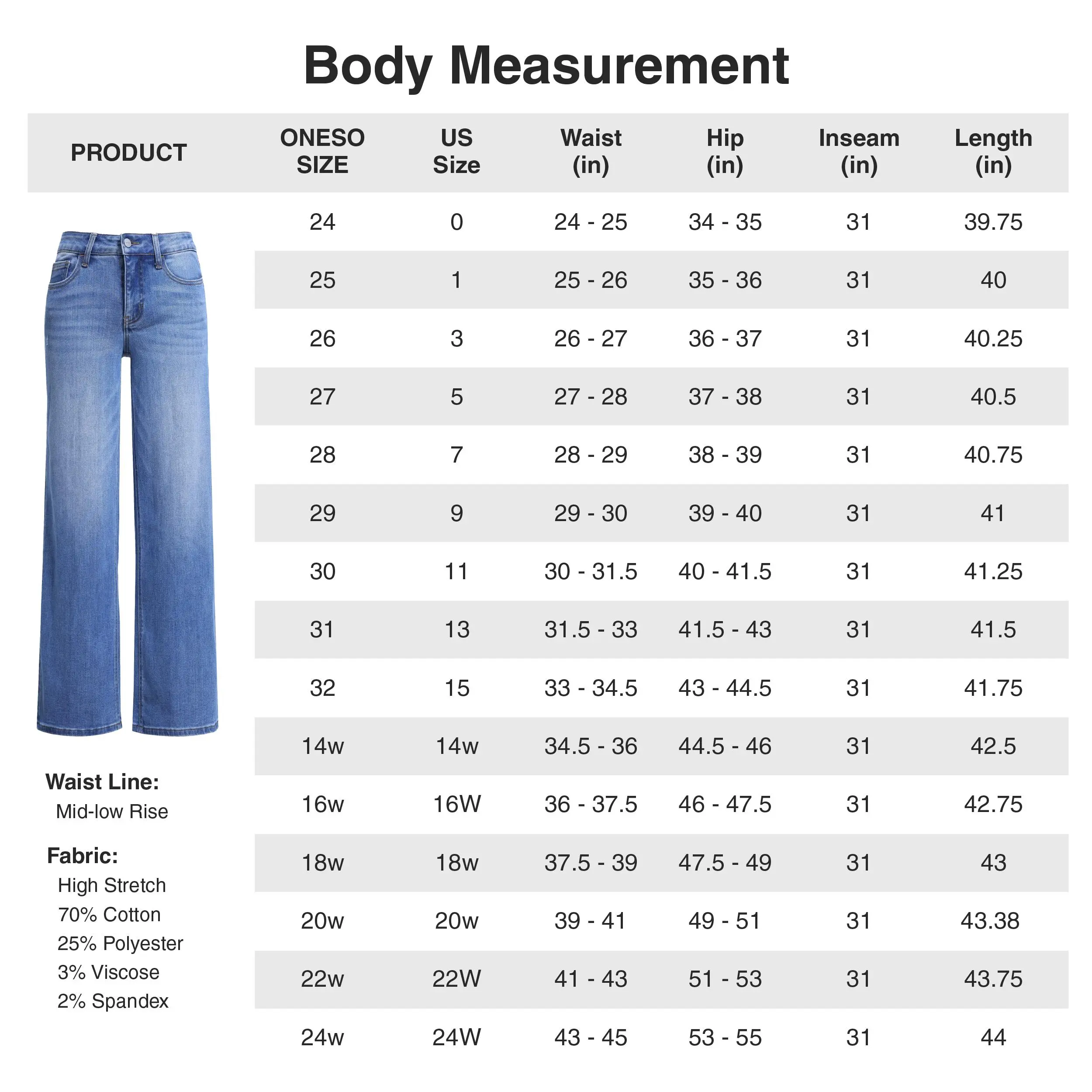 【4 Lengths】Magic ONESO Mid-low Rise Baggy BBL Jeans Stretchy Wide Leg Tummy Control Plus Size Regular Size