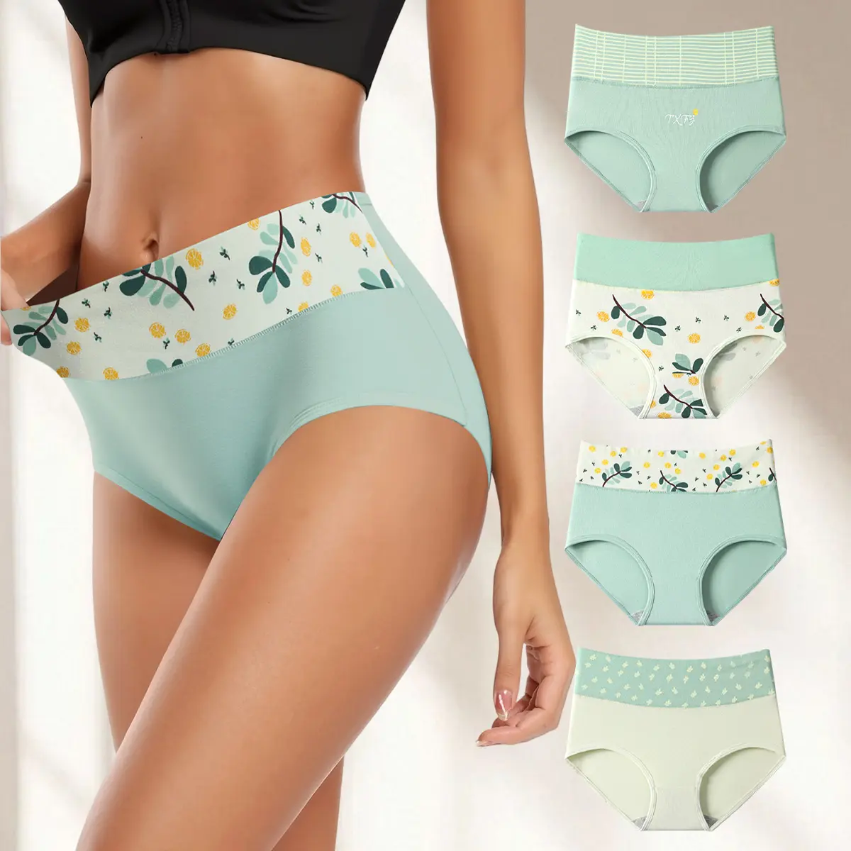 Hotcom Women's High-Waist Cotton Panties - 4-Pack Casual Simple Print Underwear, Fresh Green, Comfortable Fit, Plus Size (XS-XXL), Natural Premium Quality, Casual Panties,