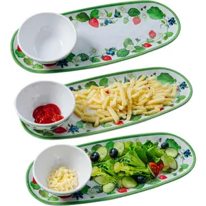 Strawberry Melamine Chip and Dip bowl Serving platter, Set of 3. Rectangular serving platter and small serving bowl sets. Round Dipping Dishes for Condiments, Pre, Dessert, Salsa, Entertaining