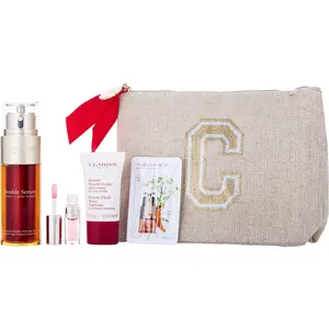 Clarins Double Serum Luminosity Set: Double Serum 1.7Oz + Double Serum Eye 0.9Oz + Beauty Flash Balm 0.5Oz + Lip Comfort Oil 04 Pitaya 0.04Oz --4Pcs+Pouch For Women