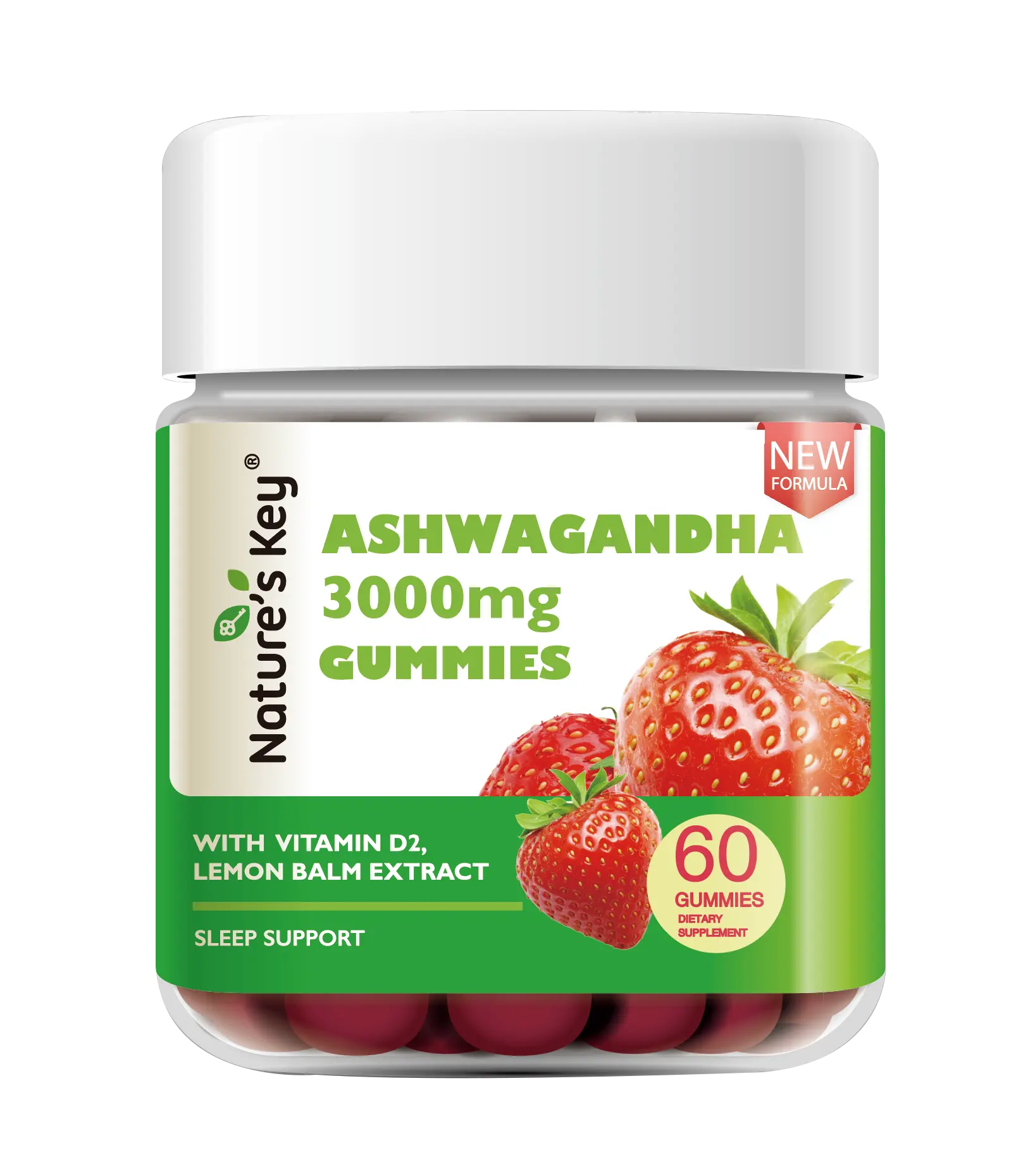 Nature's Key Ashwagandha Gummies, 3000mg Ashwagandha Root Extract with Vitamin D2, Strawberry Flavor, 60 Count, Vegan Daily Wellness Supplement