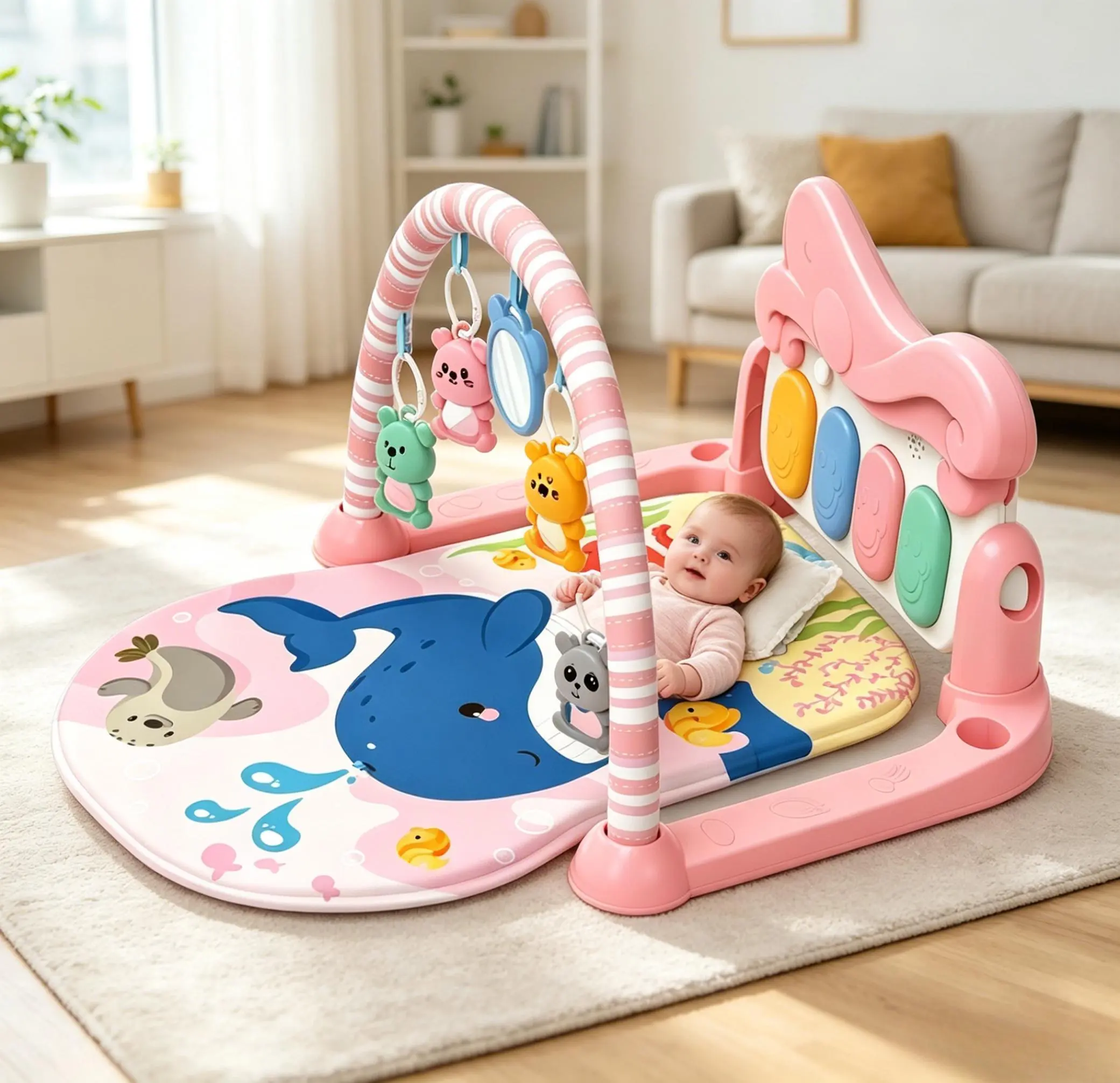 1 piece pink ocean whale cartoon baby play mat for piano fitness frame, crawling pad, gentle pastel underwater theme, mother-baby style, thick, skin-friendly, non-slip soft mat with underwater print, pink-and-white striped arched hanging bracket paired wi