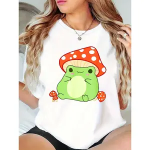 Women's Cute Frog Mushroom Hat Graphic T-Shirt, Kawaii Cottagecore Casual Tee for Girls & Teens, Summer Everyday Wear 100% Cotton T-shirt