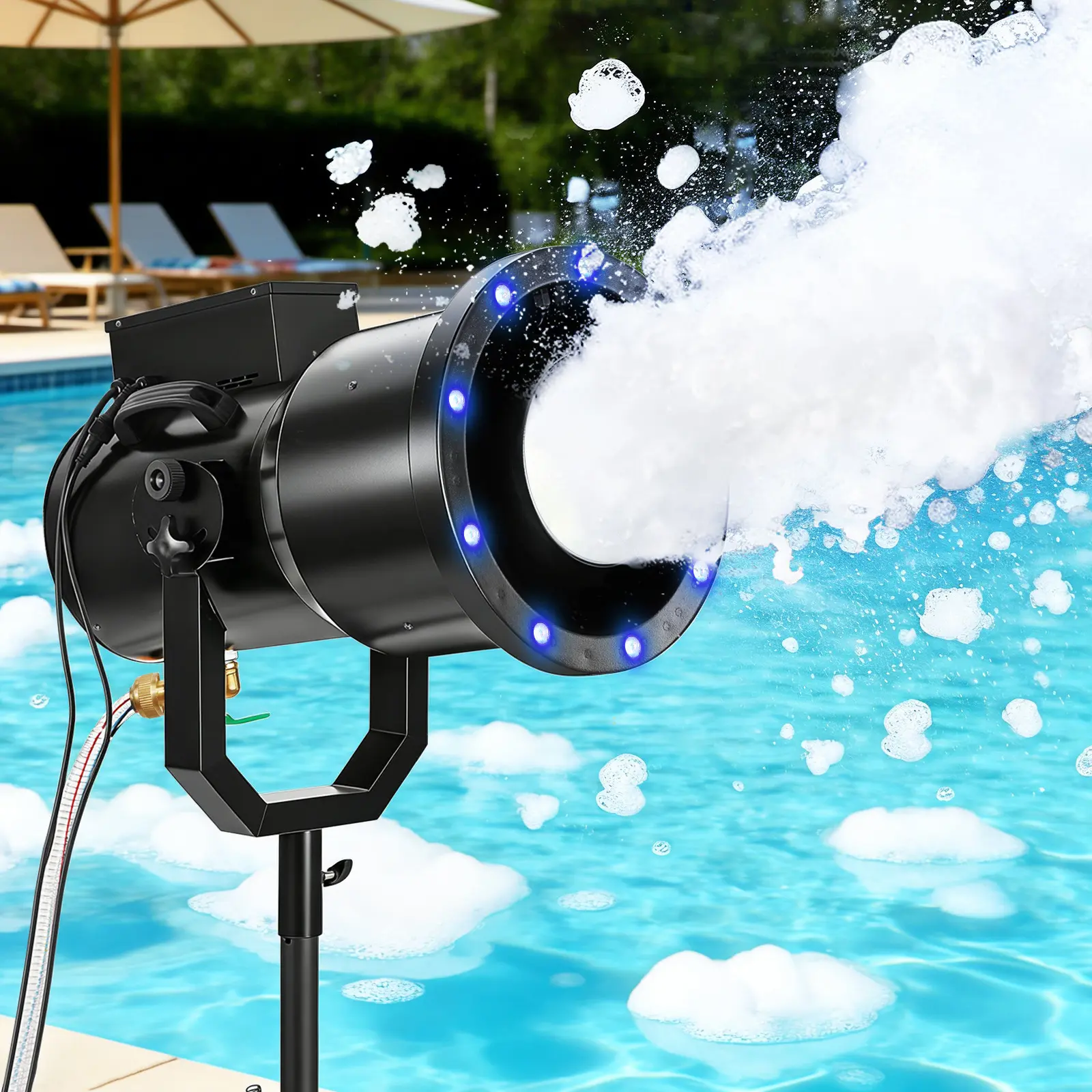 Party Foam Cannon Machine with RGB LED Lights, Portable Foam Maker with Adjustable Output, Tripod Stand & Controller for Backyard Parties, Pool Events, Festivals and Outdoor Celebrations