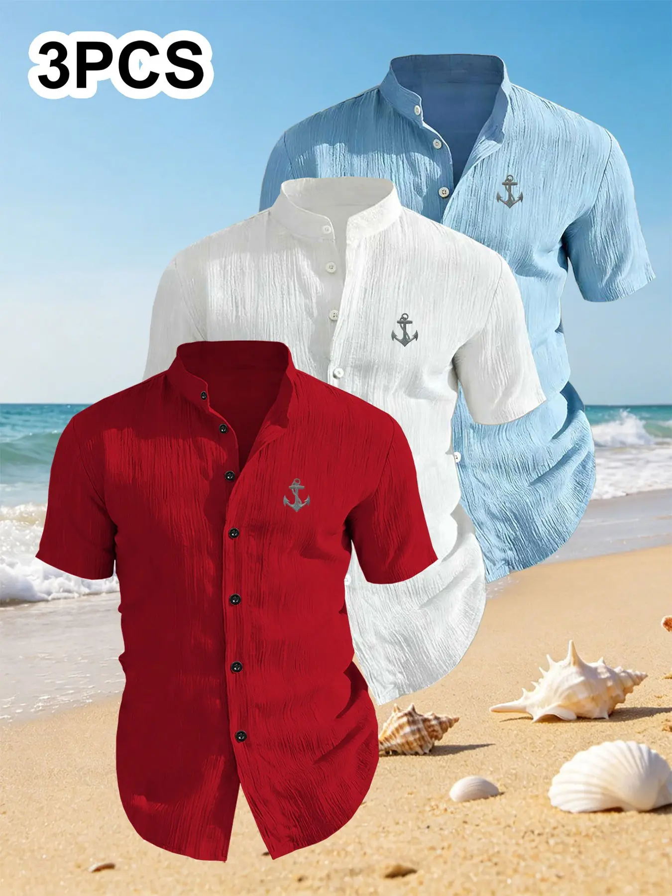 3-Pack Set Men's Summer Short Sleeve Casual Shirts, Chest Print Design, Lightweight Breathable Solid Stand Collar Button Shirt, Ideal for Beach Poolwear