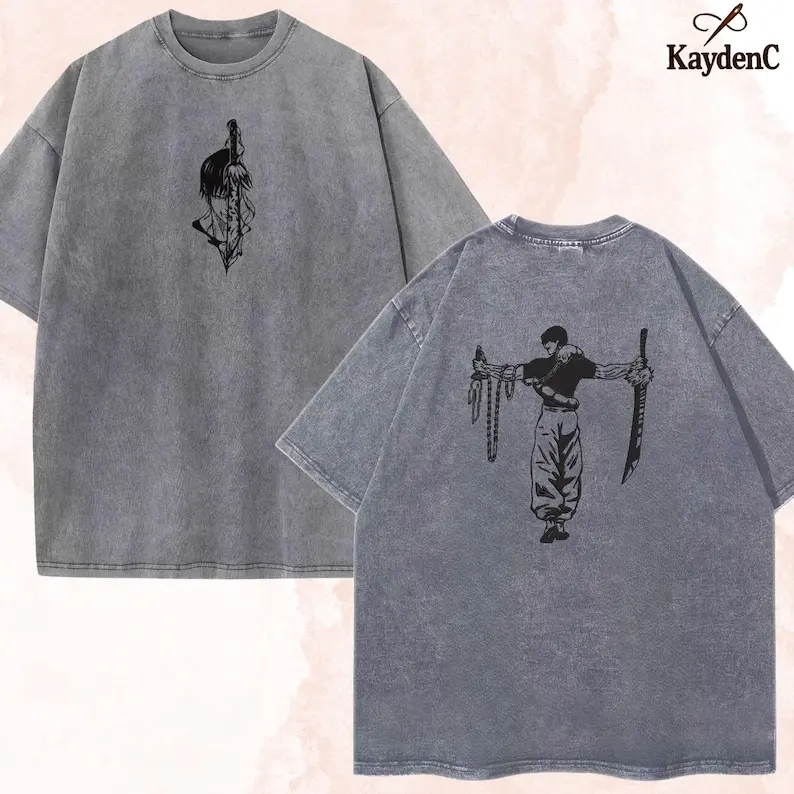 Toji Fushiguro Jujutsu Kaisen Acid Washed T-shirt Double-Sided, Vintage Anime Gym Shirts, Mineral Heavyweight Vintage Washed Cotton T-Shirt Sizes S-3XL For Anime Lovers