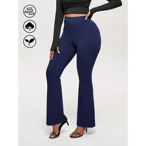 Women's High-Waisted Flared Pants - Slim Navy Blue Flared Pants with Pockets, Versatile Fashion|Elastic polyester blend Fit Womenswear