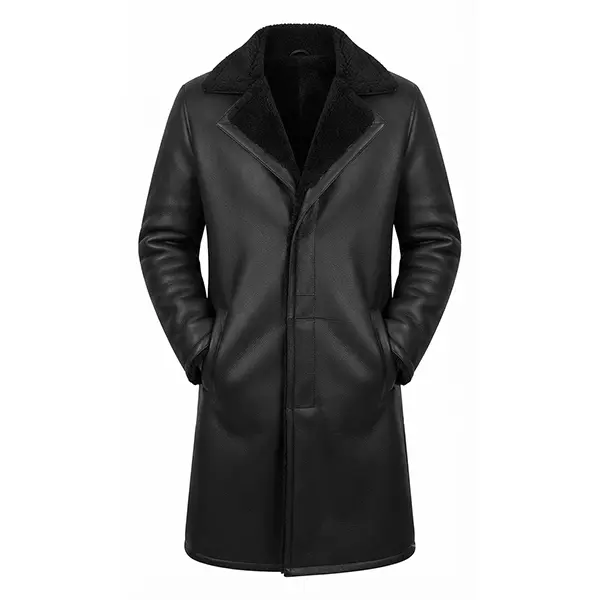 Men's Black Genuine Sheepskin Shearling Coat with Fur Collar, Long Winter Leather Overcoat, Warm Classic Button Front Jacket