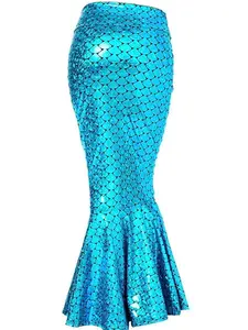 Fish Scale Prints Blue Regular to Plus Sizes Halloween Cosplay High Waist Maxi Mermaid Skirt Faux Leather