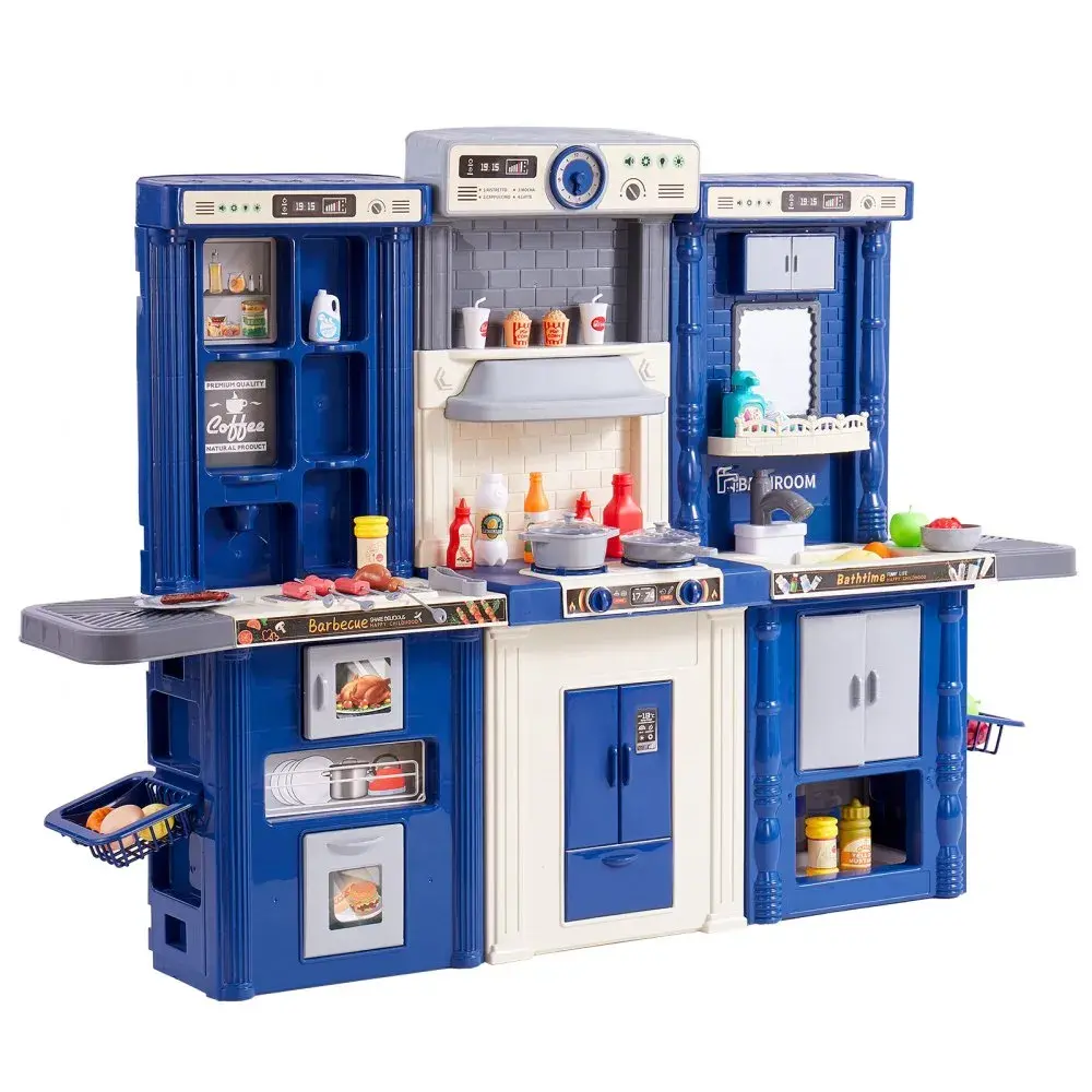 【SummerFinds】VEVOR Kids Kitchen Playset, 3-in-1 Toddler Kitchen with Simulated Spray, Sounds and Lights, Play Kitchen Set with 74 PCS Cooking Accessory Set for Toddlers, Preschoolers, Children Ages 3-8, Blue