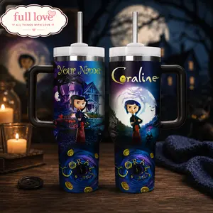 Black Coraline V 20oz - 40oz Tumbler Stainless Steel with Straw, Double Wall Insulated, With Handle – Epic Cartoon Movies Series Design, Gift for Fans, Eco-Friendly