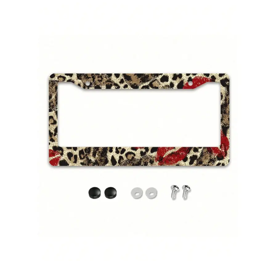 Metal License Plate Frame, Fun Leopard Print With Bright Red Lipstick Accent, US Standard 12.2x6.3in Fashion Car Tag Holder