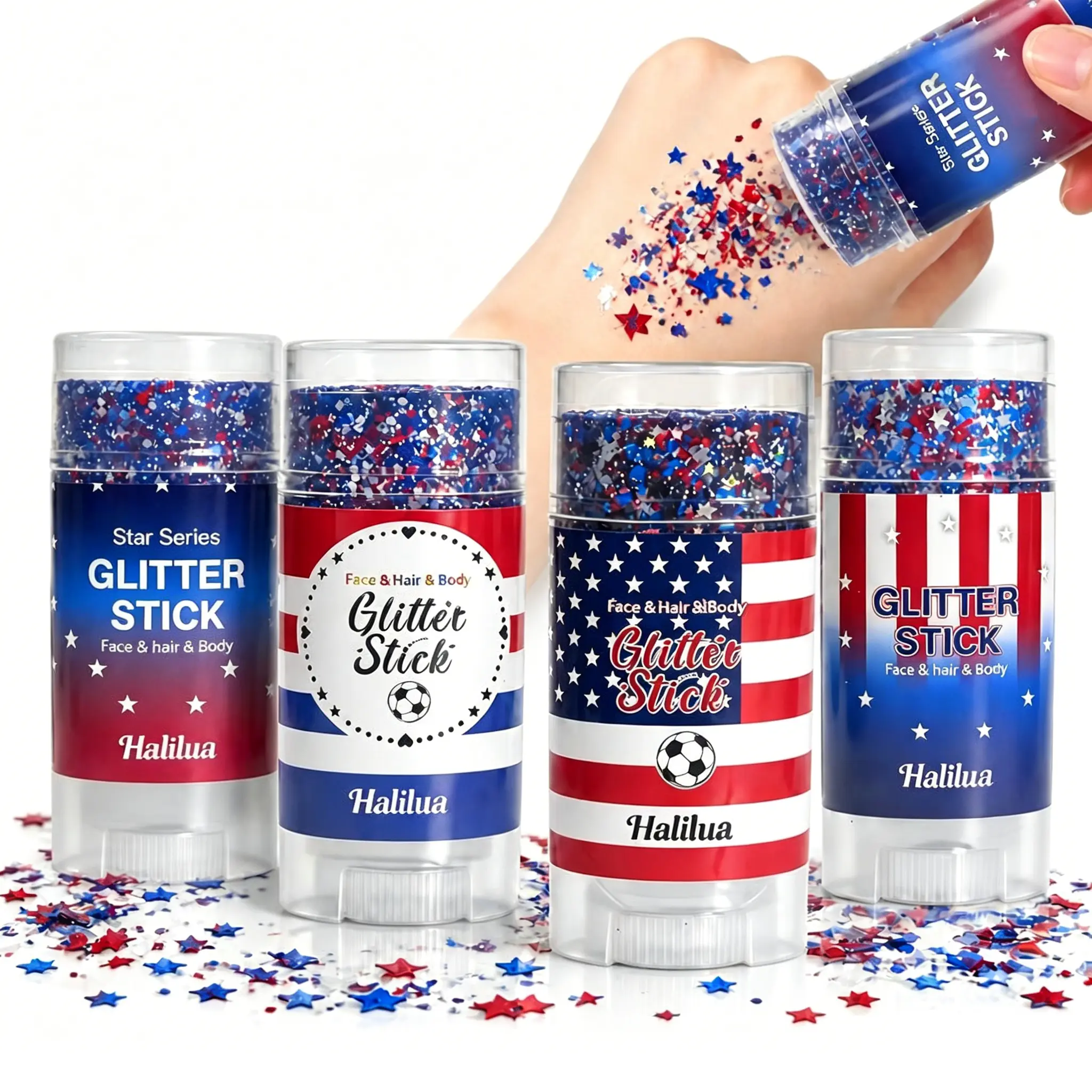 HALILUA Self-Adhesive Glitter Stick | Red White & Blue Patriotic Body Makeup  | Summer Vibes Festival Party Glitter | Waterproof Long-Lasting Shine for Sports Games & Holiday Gifts,summerwins