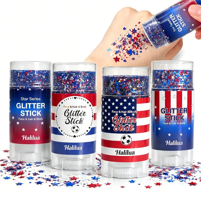 HALILUA Self-Adhesive Glitter Stick, Red White & Blue Patriotic Bedazzled Body Makeup for Independence Day, Waterproof Long-Lasting Shine for Friends, Children, Adults, Festival Parties, Sports Games & Holiday Gifts