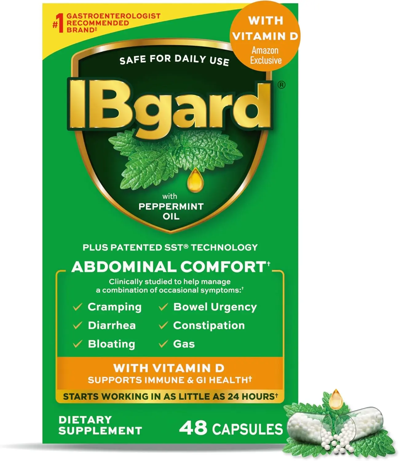 Peppermint Oil Capsules with Vitamin D | Targets Cramping, Bowel Urgency, Diarrhea, Constipation & Bloating Relief | Supports Gut Health & Immune Function | Daily Targeted GI Support Supplement | 48 Capsules